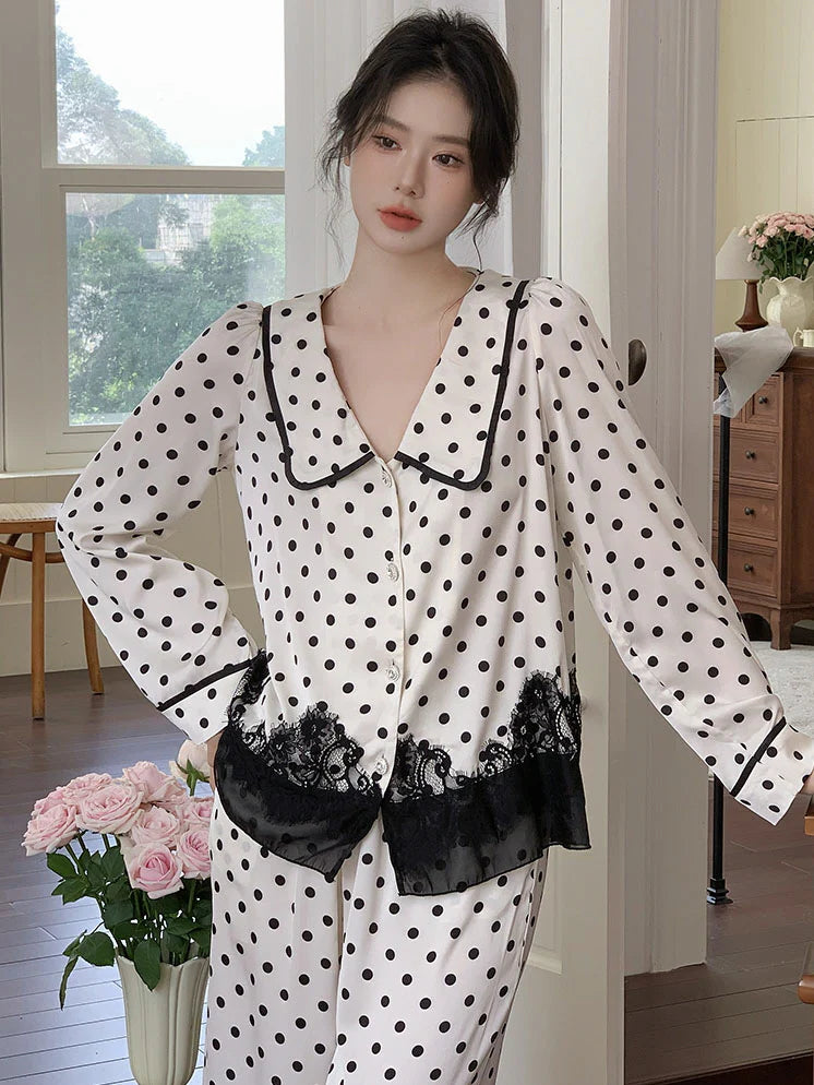 Polka Dot Lace-Trim Pajama Set