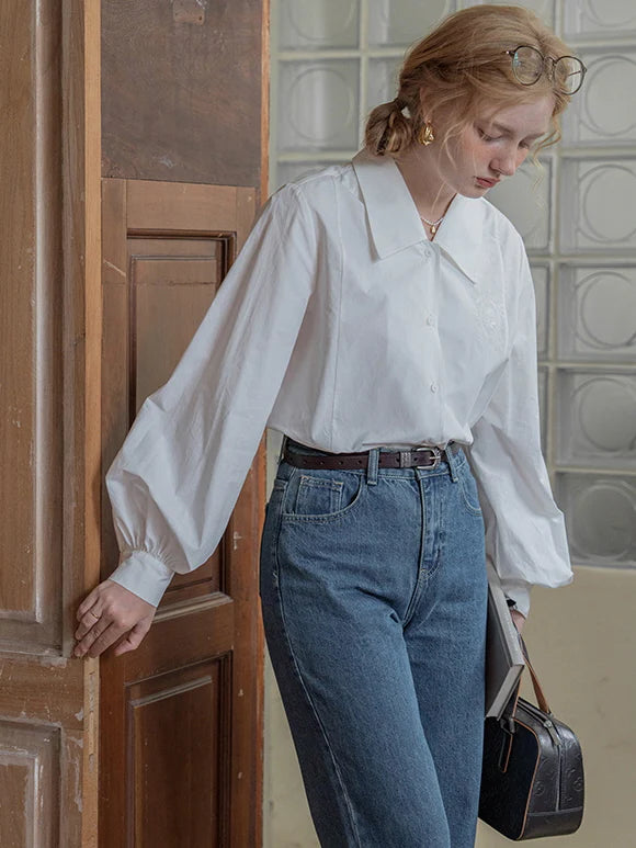 White Flower Embroidered Classic Blouse