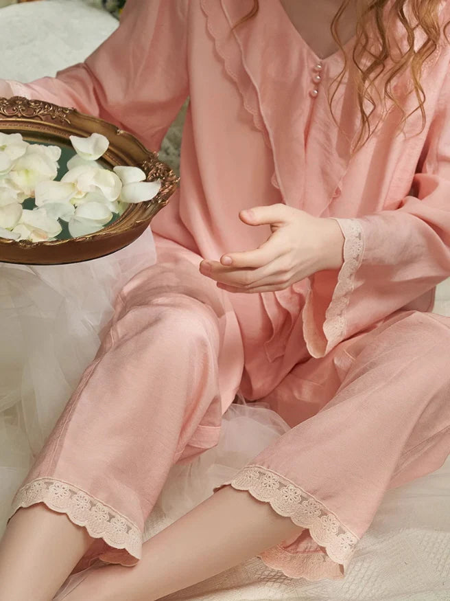Elegant Ruffled Lace-Trim Pajama Set