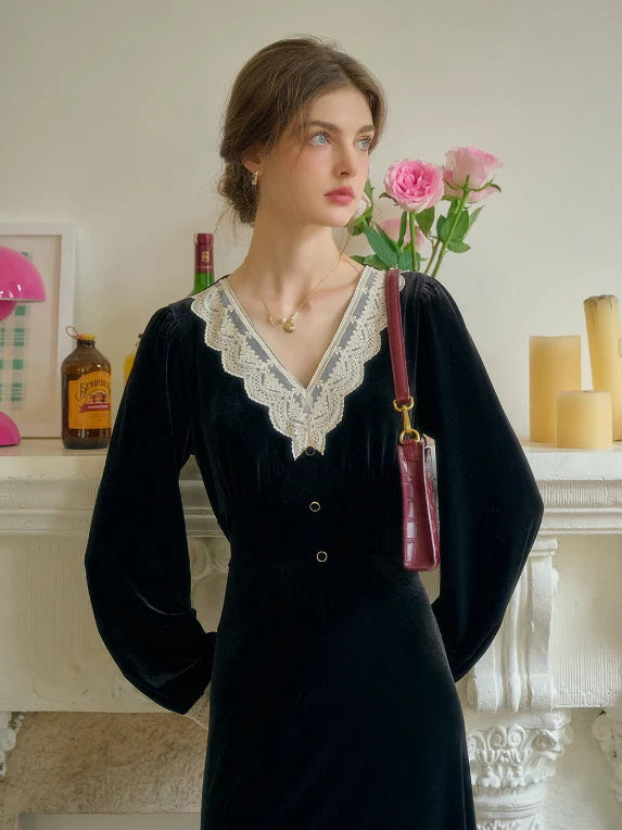 Lace Trim Vintage Velvet Elegance Dress
