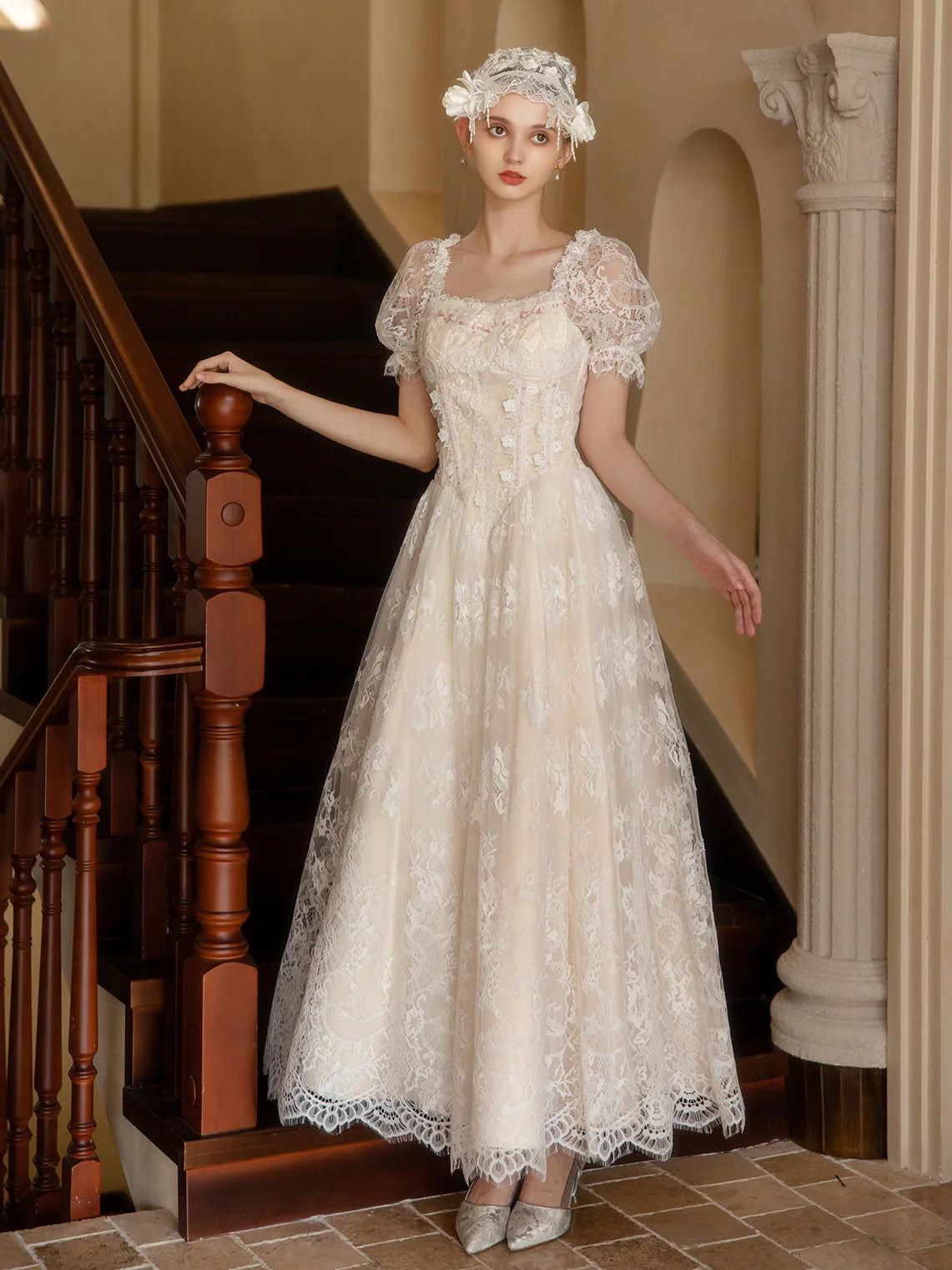 Soft Ivory Vintage Lace Princess Gown