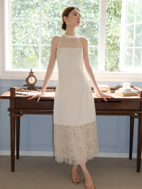 Moonlight Petal Lace Halter Dress