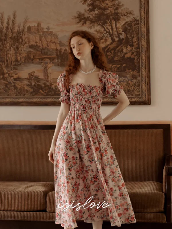 Vintage Pink Flower Off-Shoulder Dress