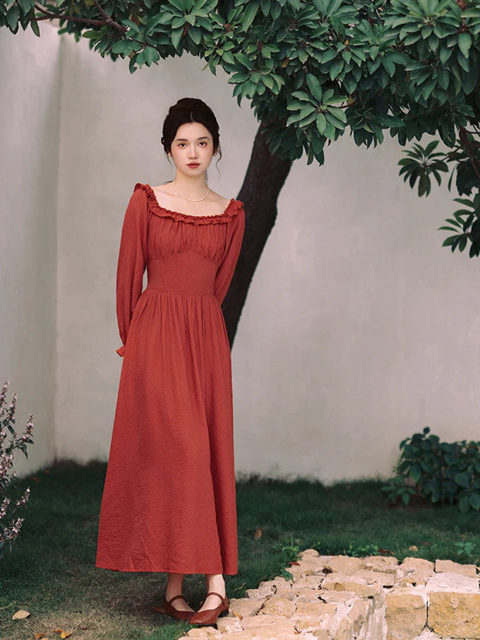 Retro Ruffled Square Neck Dress