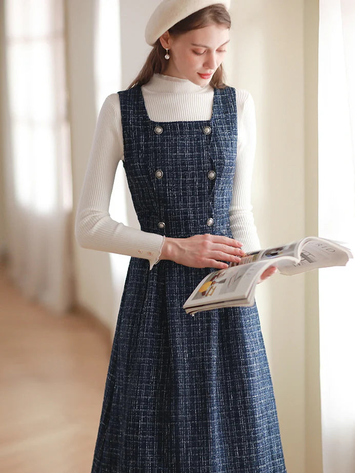 Navy Tweed Double-Breasted Dress