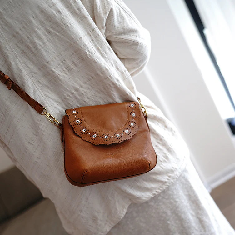 Petite Scalloped Flap Genuine Leather Crossbody Bag