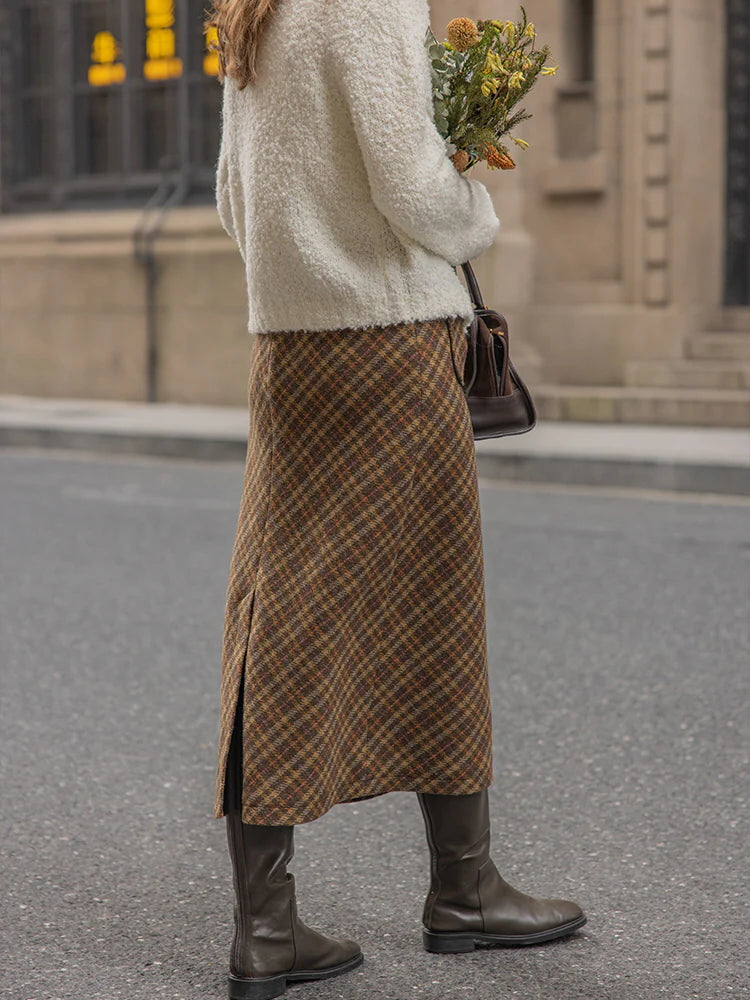Rustic Plaid Wool Brown Checkered Skirt