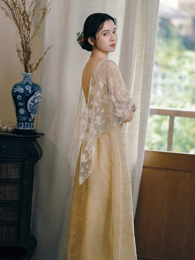 Golden Bloom Lace Overlay Dress