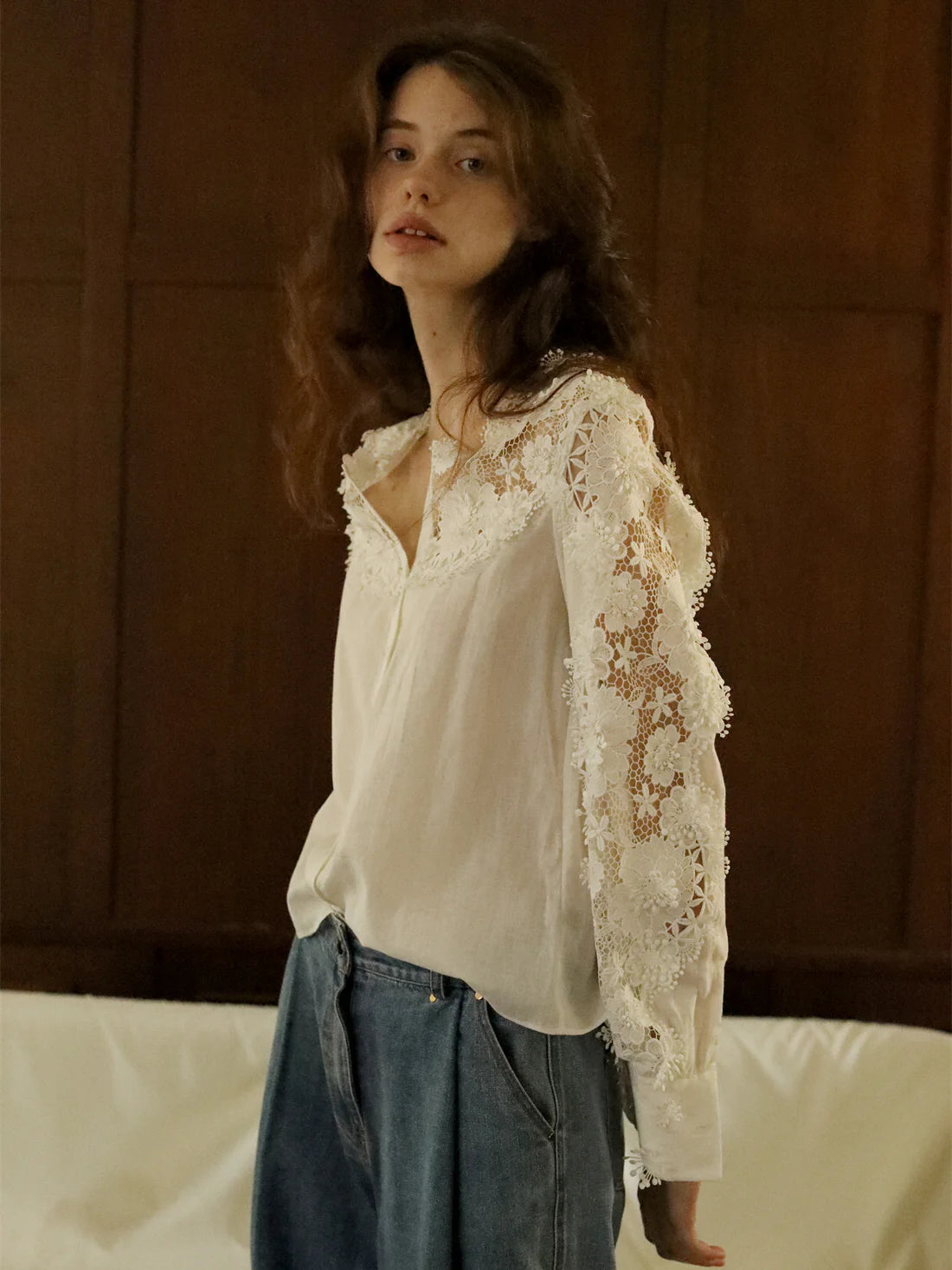 Ethereal Lace Trim Linen-Cotton Blouse
