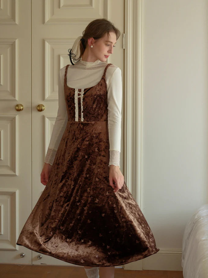 Butterfly Embossed Velvet Pinafore Dress