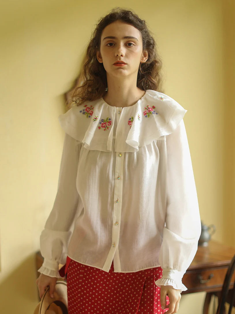 White Cottagecore Floral Ruffle Blouse