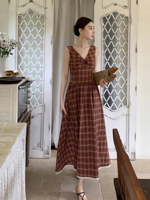 Summer Red Plaid Ribbon Dress