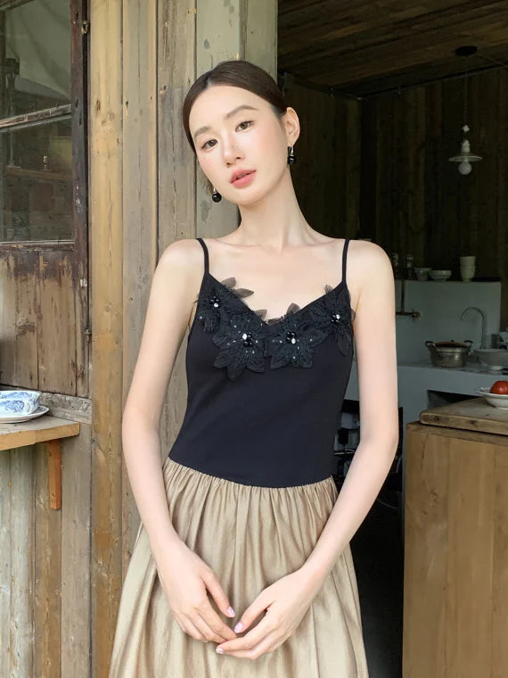 Black Blossom Bodice Two-Tone Dress