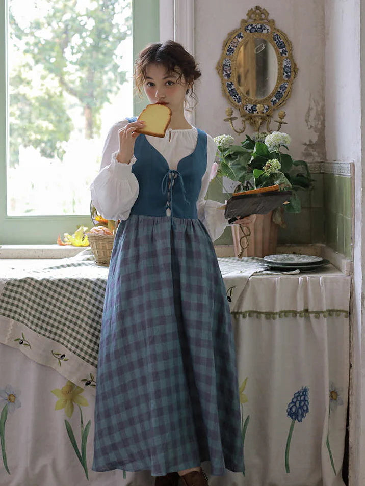 Vintage-Inspired Linen Pinafore Dress & Classic Cotton Blouse
