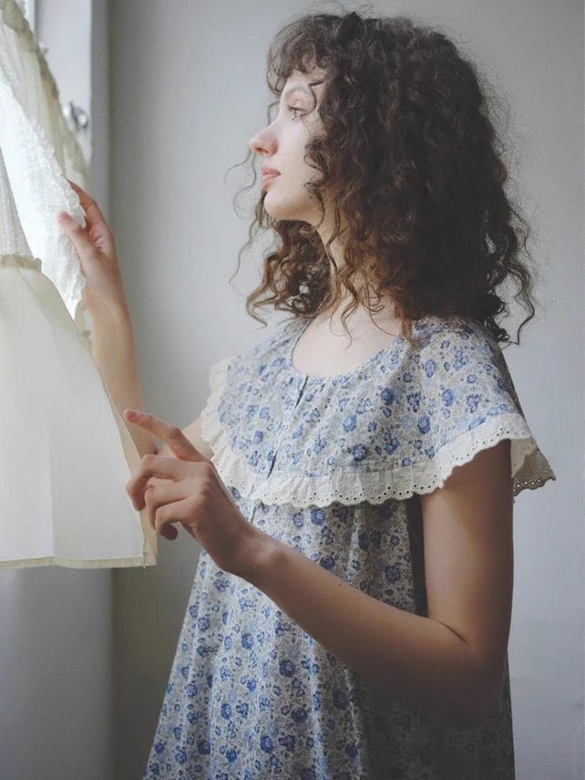 Blue Blossom Ruffle Cotton Nightgown