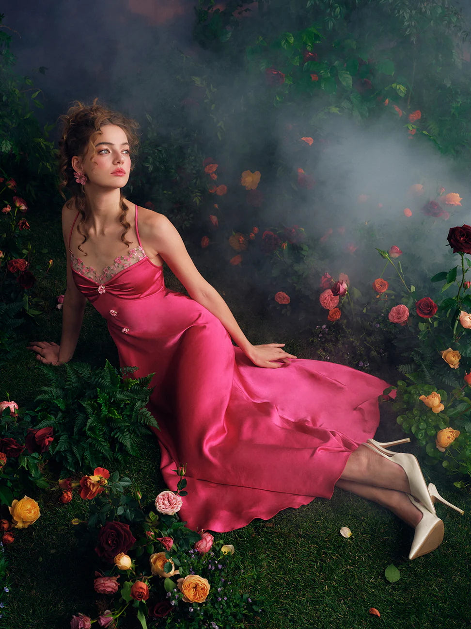 Embroidered Rose Satin Slip Dress