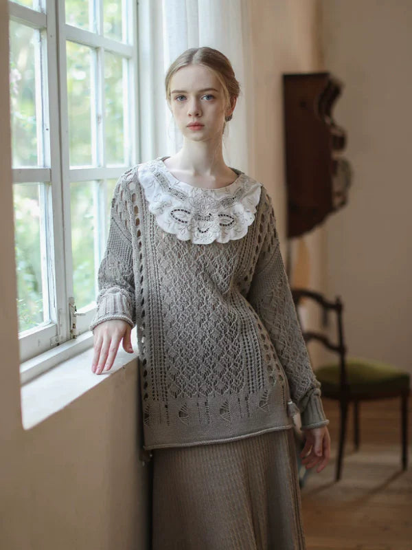 Graceful Lace Collar Brown-Gray Knitwear