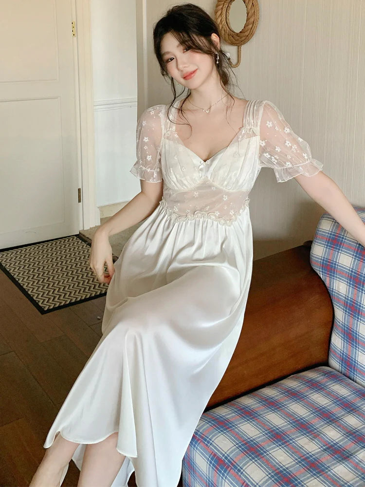 Blush Petal Embroidered Mesh Nightdress