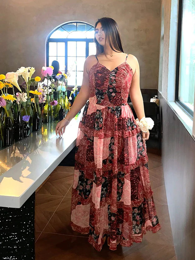 Rosy Patchwork Ruffle Maxi Dress