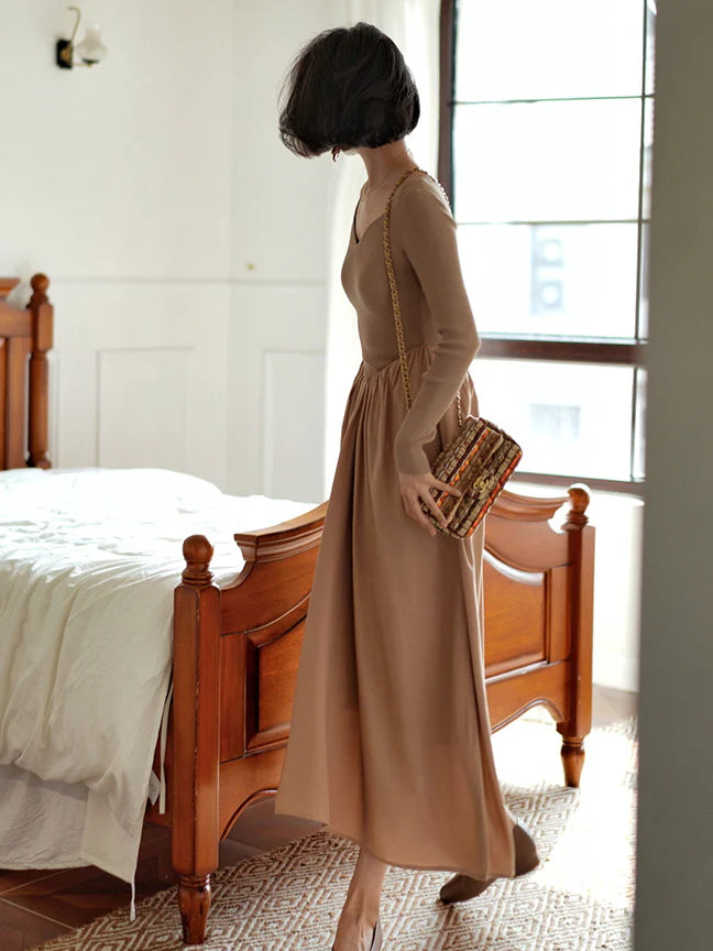 Vintage-Inspired Beige Knit and Chiffon Dress