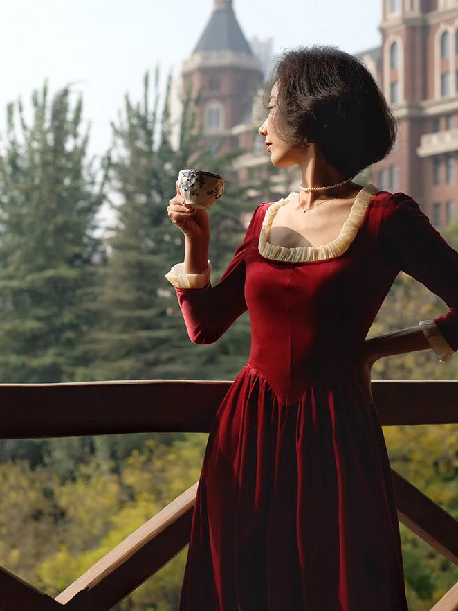 Ruffled Trim Royal Red Velvet Vintage Dress
