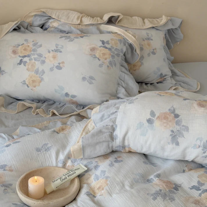 Dusty Blue Rose Print Ruffle Bedding Set