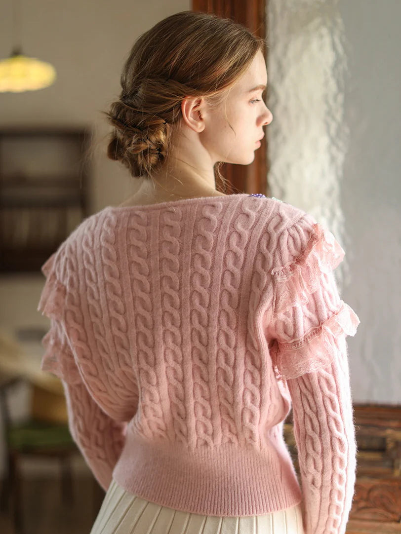 Delicate Floral Embroidered Ruffle Cardigan