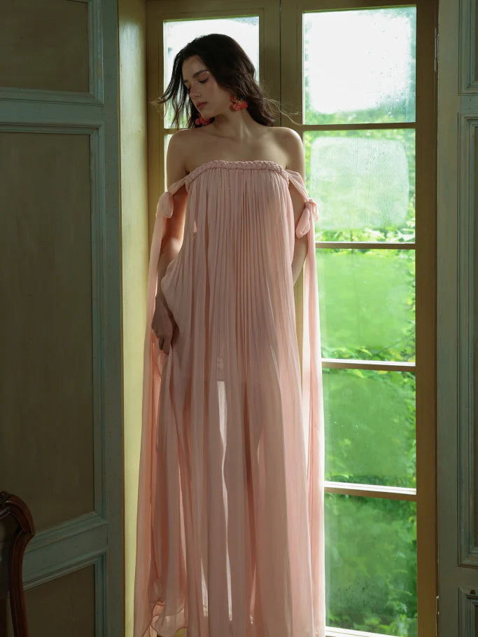 Off-Shoulder Blush Pleated Ribbon Dress