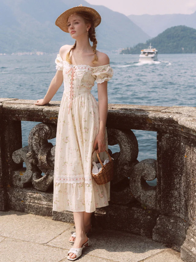 Vintage Rose Garden Lace-Up Off-Shoulder Dress