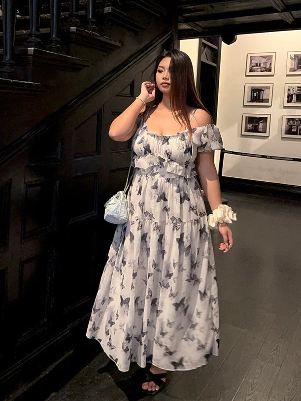 Butterfly Off-Shoulder Chiffon Dress