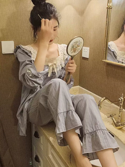Vintage Lace-Trimmed Cotton Pajama Set