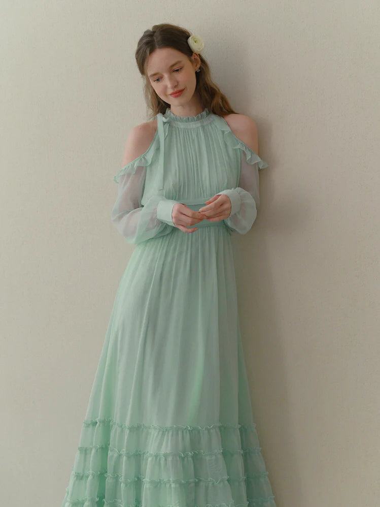 Mint Whispers Cold-Shoulder Dress