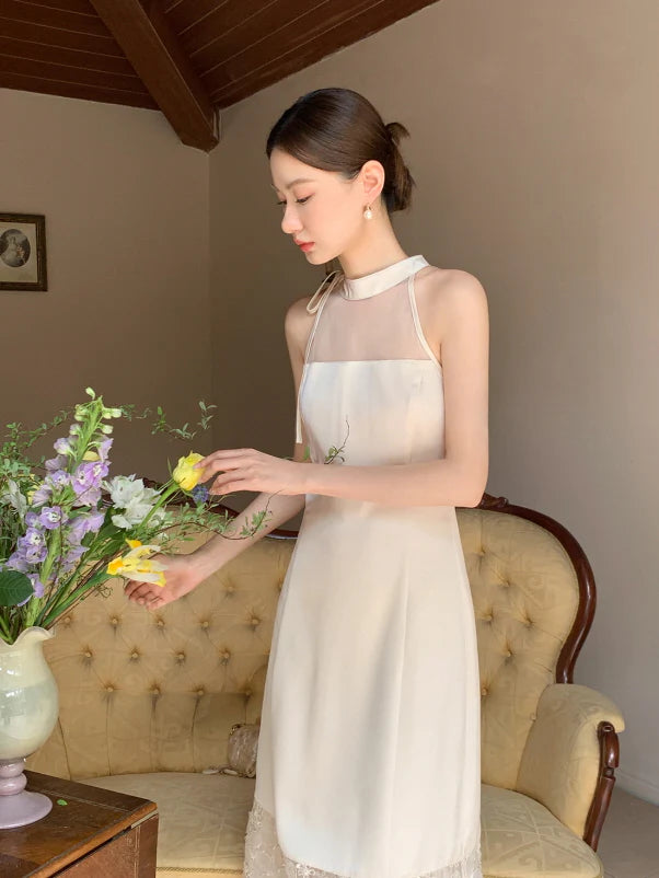 Moonlight Petal Lace Halter Dress