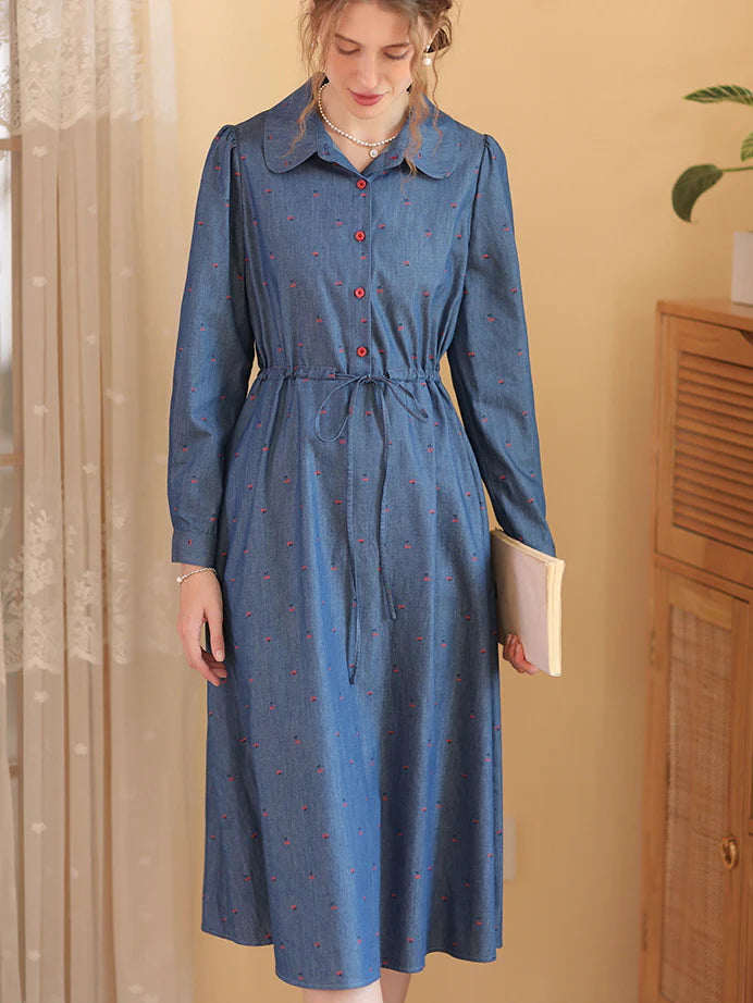 Cherry Embroidered Blue Cotton Dress