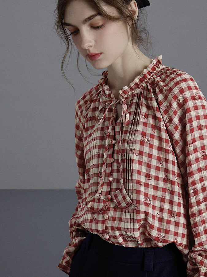 Vintage French Red Gingham Blouse