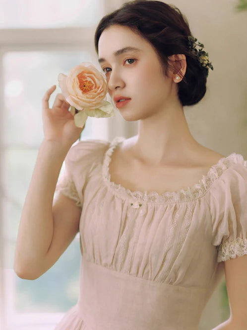 Blush Pearl‑Detail Lace Trim Dress