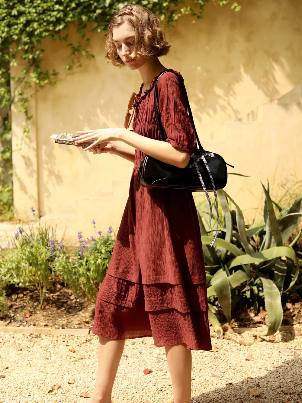 Vintage Cottage Ribbon Wine Red Dress