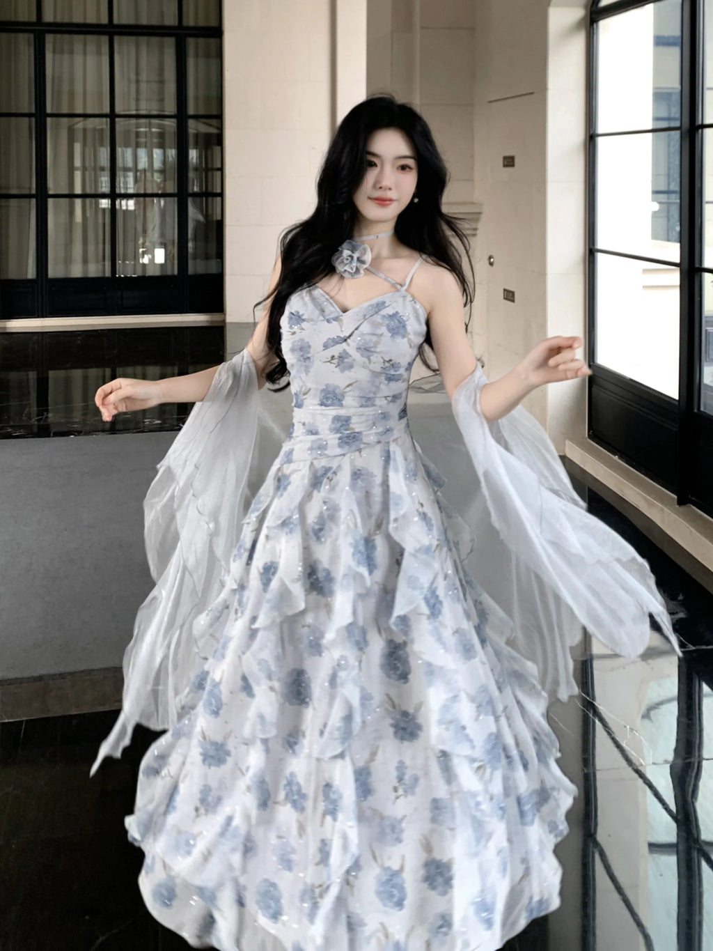 Whimsical Bloom Ruffle Chiffon Dress