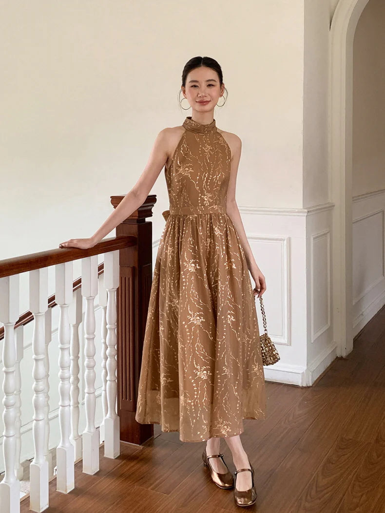 Golden Bloom Halter Dress