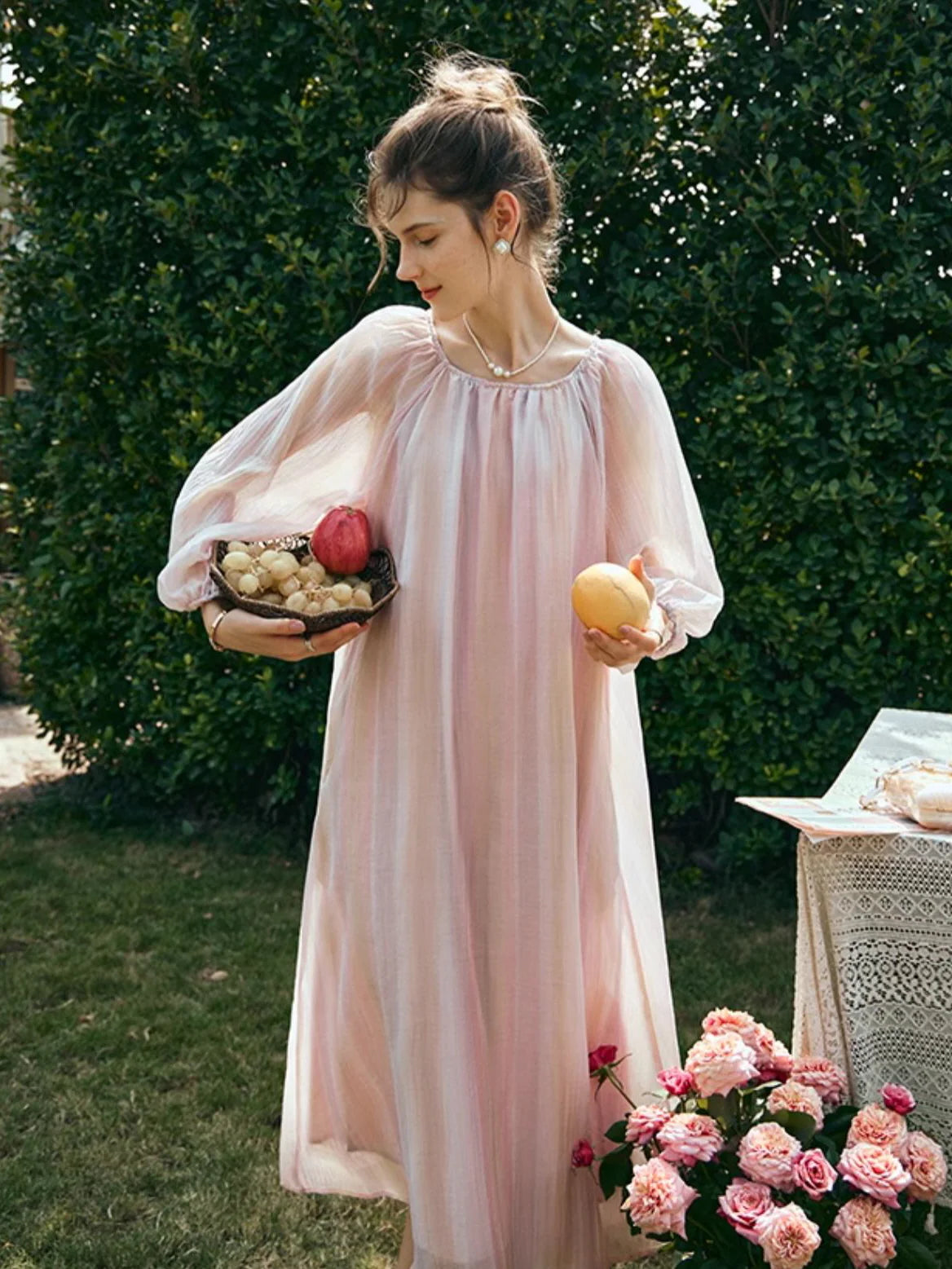 Ethereal Blush Striped Chiffon Dress