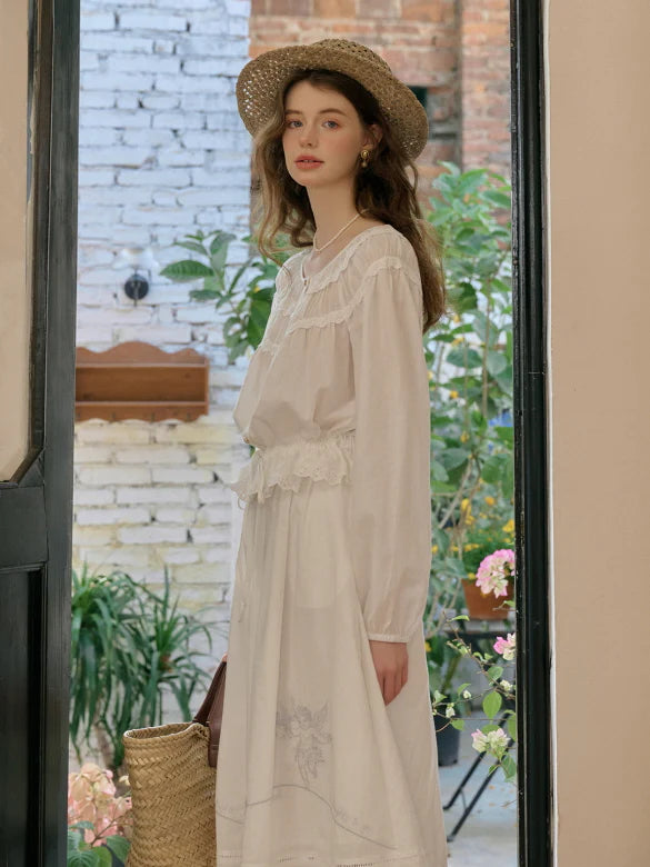 Cotton Vintage Embroidery Blouse & Skirt