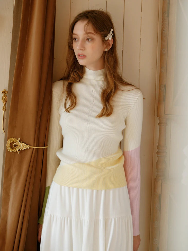 Pastel Color-Block High Neck Sweater
