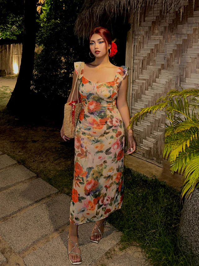 Tropical Sunset Watercolor Floral Dress