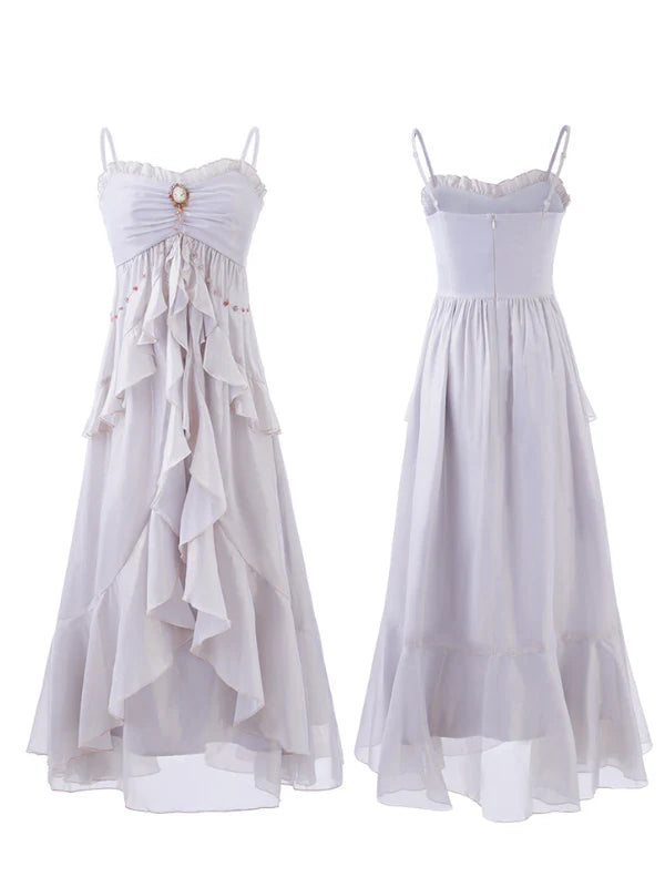 Vintage Brooch Elegance Ruffled Gown