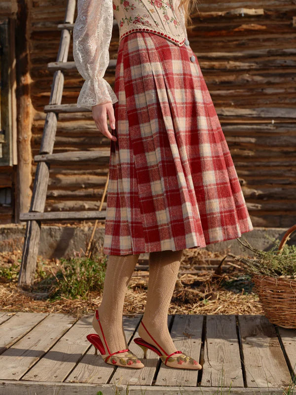 Adorable Red Checkered Pleats Skirt