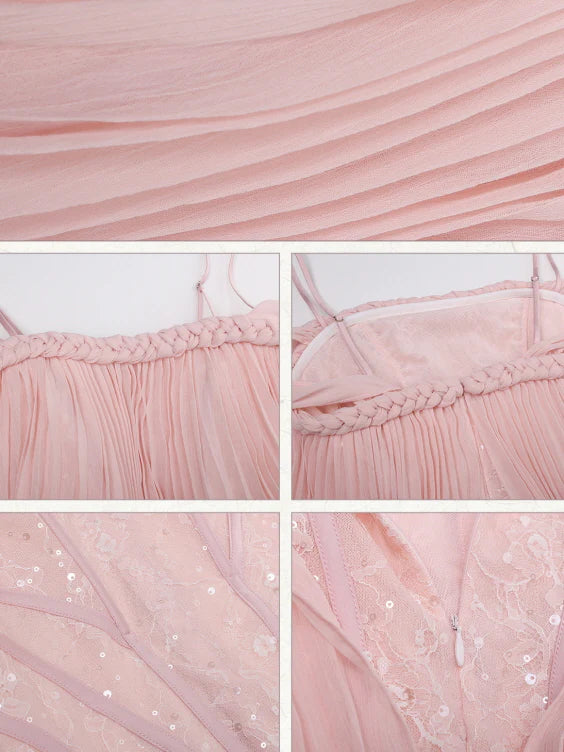 Off-Shoulder Blush Pleated Ribbon Dress