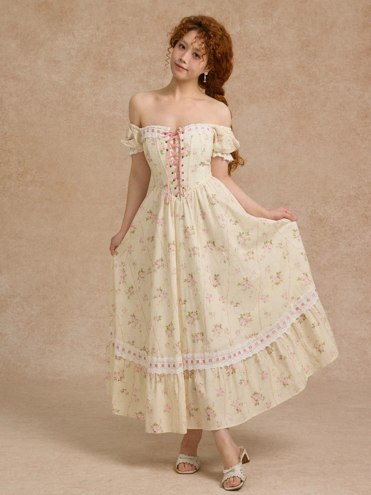 Vintage Rose Garden Lace-Up Off-Shoulder Dress