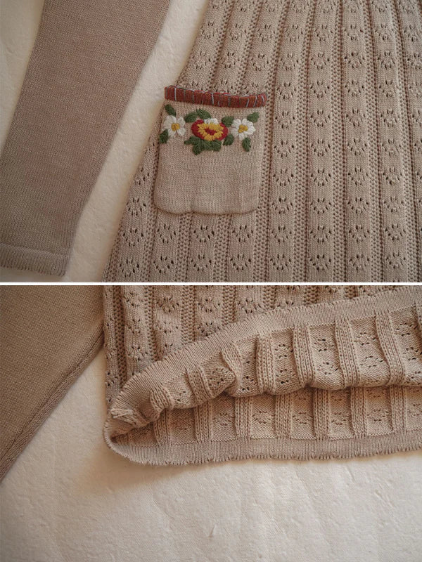 Warm Beige Elegance Floral Knit Dress