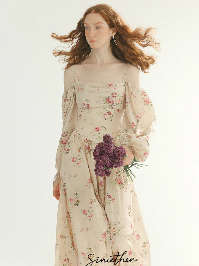 Vintage Rose Garden Off-Shoulder Dress