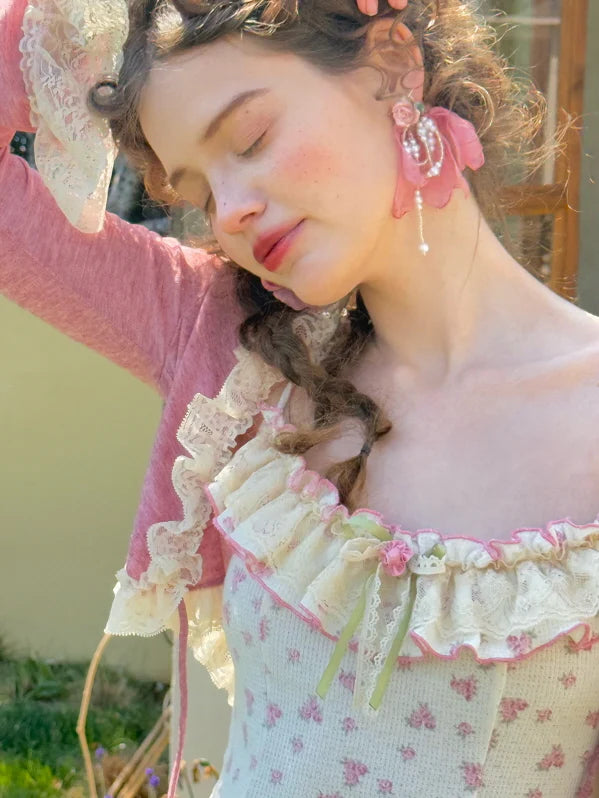 Vintage Rosebud Lace-Trimmed Knit Dress